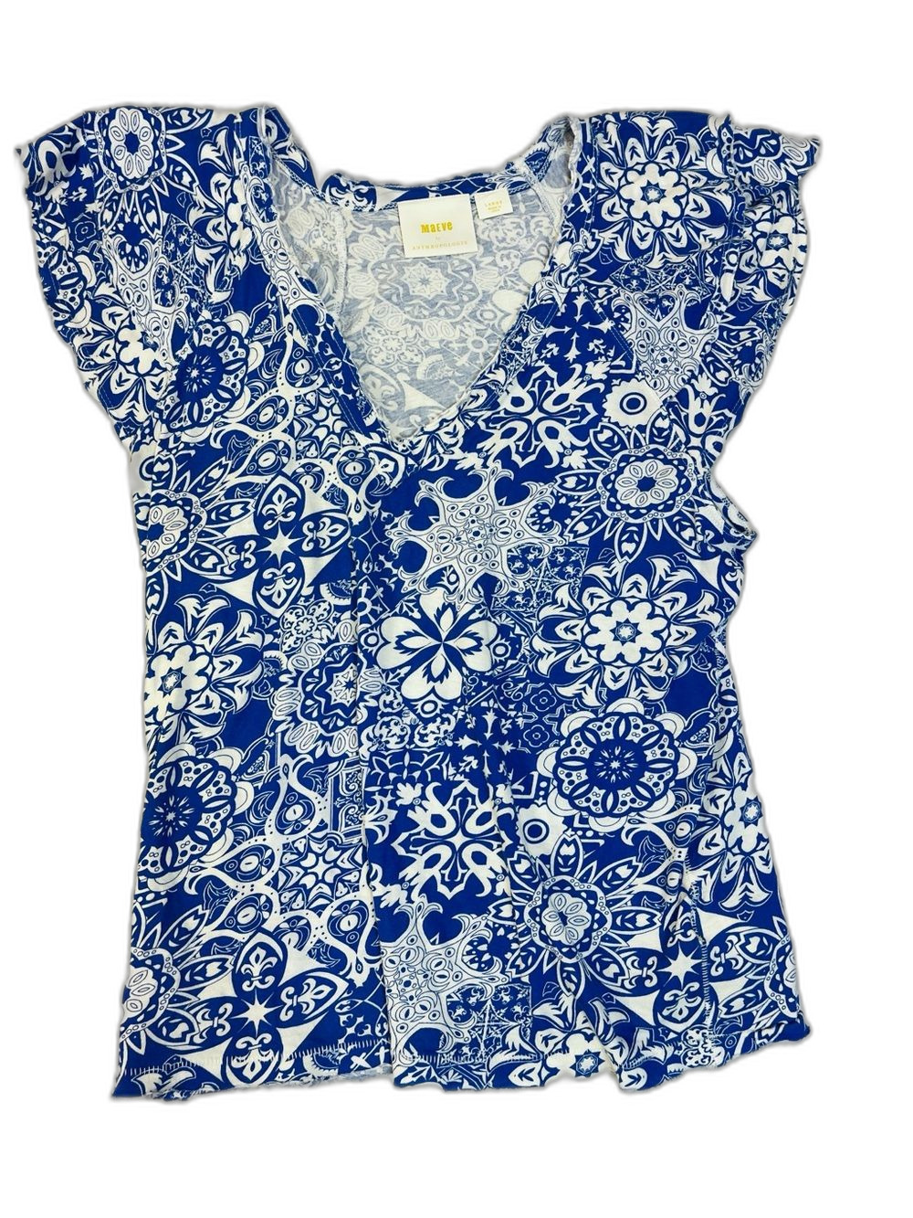 Maeve Anthropology Blue & White V‑Neck Floral Print Women's Top Large